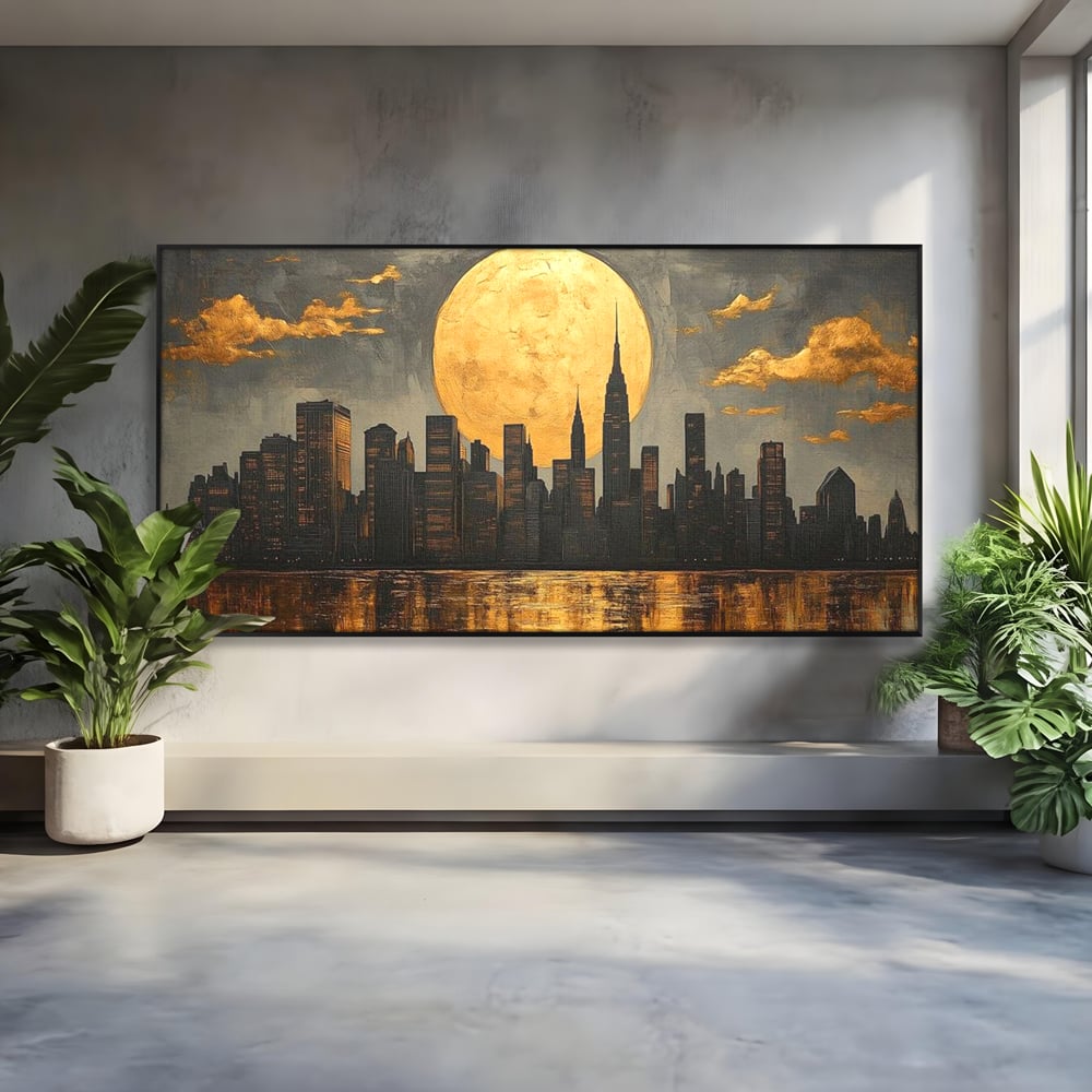 Tablou canvas cu pictura orizontala cu metropola si luna aurie, in rama de aluminiu negru